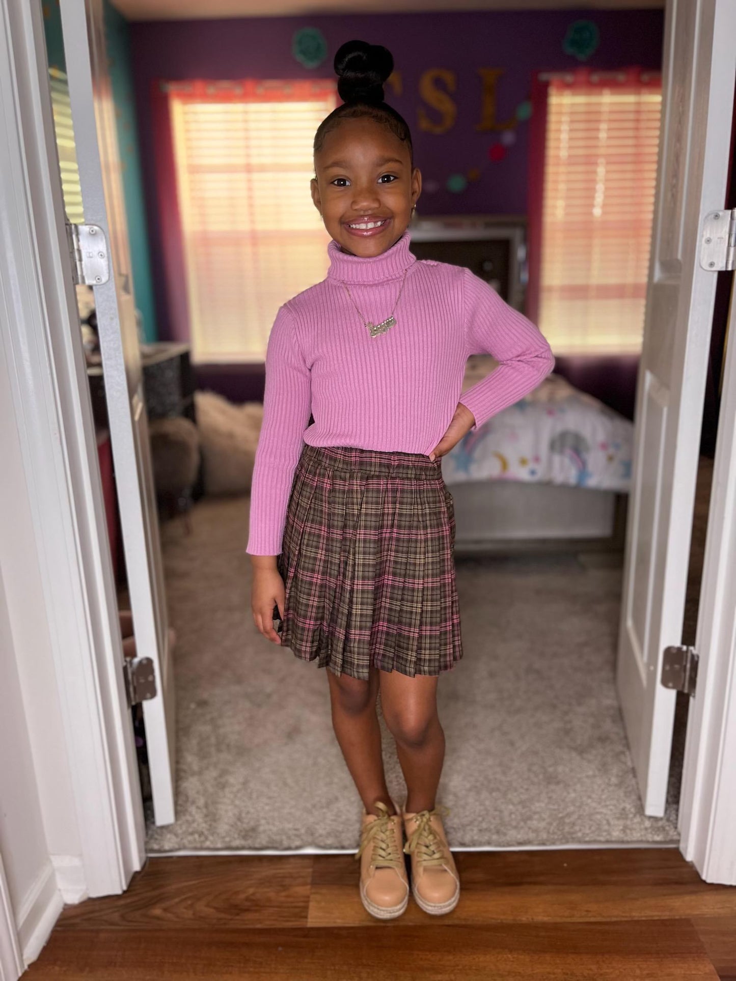Pink Brown Plaid Skirt